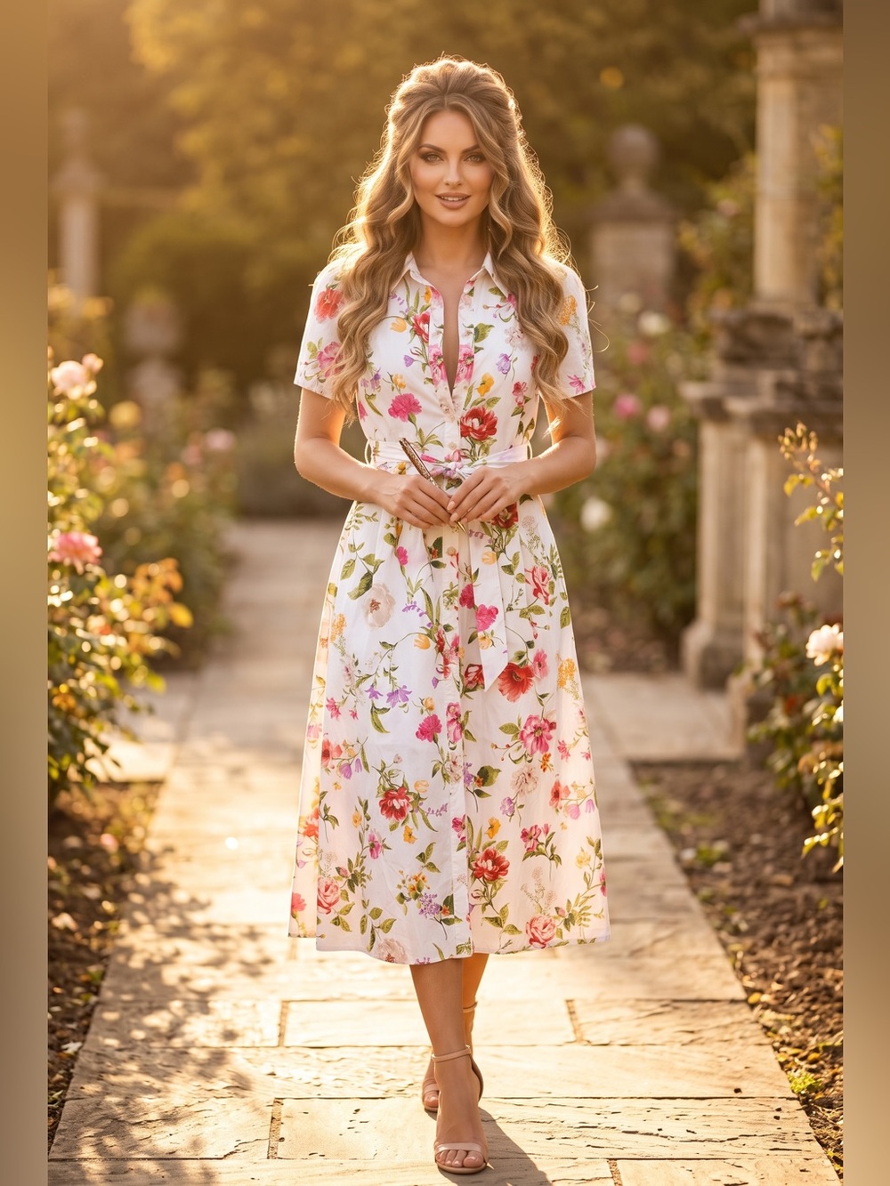 Perch Floral Plus Short Sleeve Tie -Waist Midi Dress